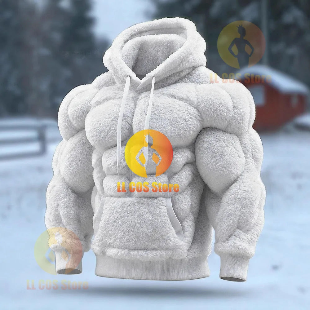 Men's Casual Sports Hoodie Fleece Lined Chest Muscle Print Long Sleeve Loose Fit Polyester Fiber Digital Print Hooded Sweatshirt