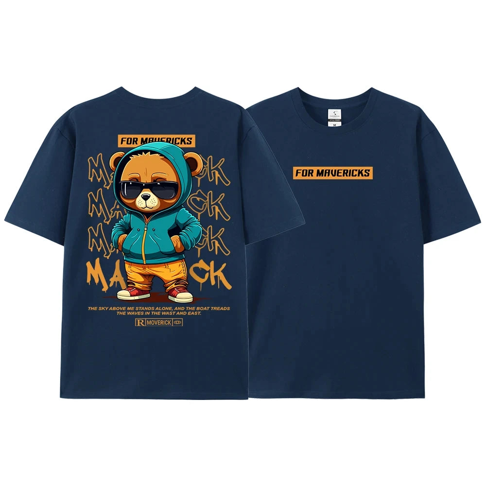 Cotton Fashion Bear Pattern Printed Men Women T Shirt Hip Hop Loose Tops Breathable Comfortable Casual Oversized Couple Clothing
