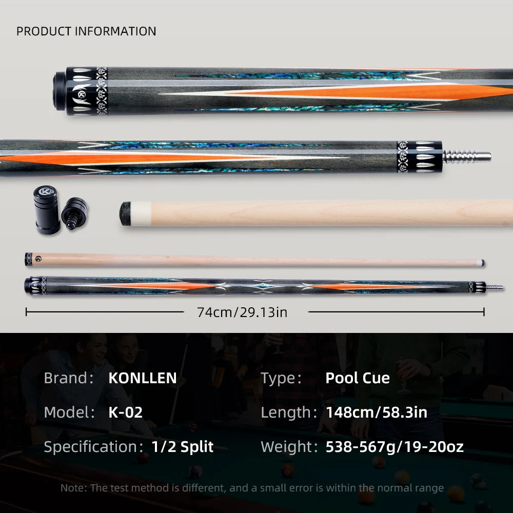 Pool cue with components and specifications on a gray background