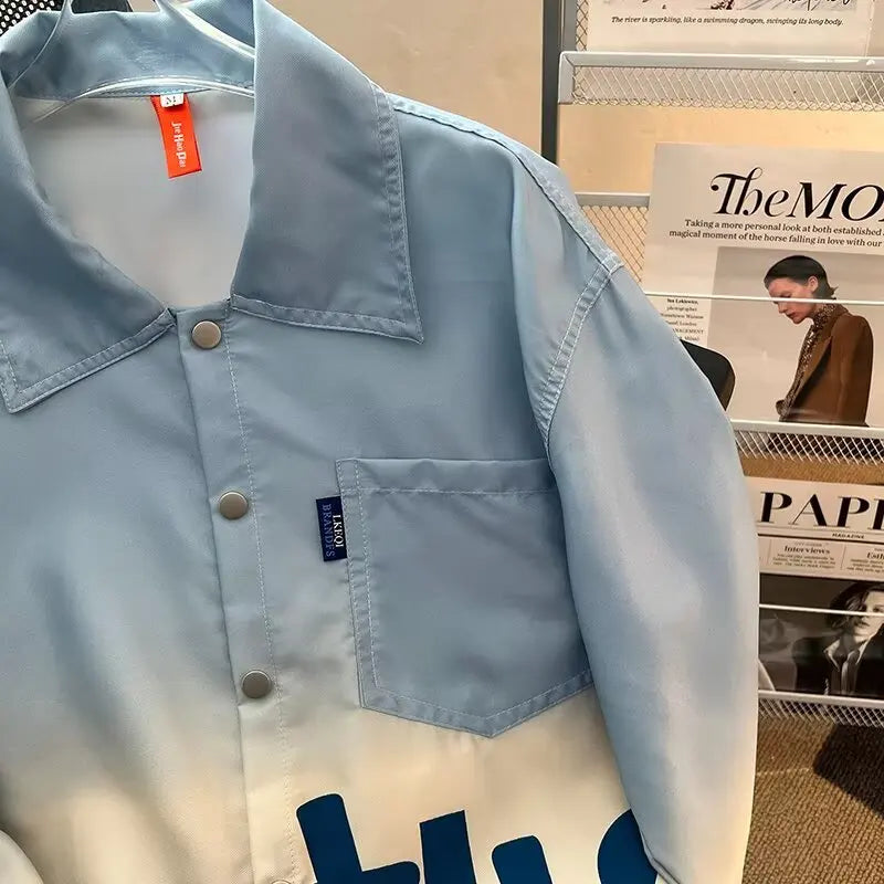 Herrenhemd Blau Farbverlauf Plissiert Langarmhemden Locker Koreanisches Hemd Mode Freizeit Oberteil Damenhemd Hochwertige Kleidung