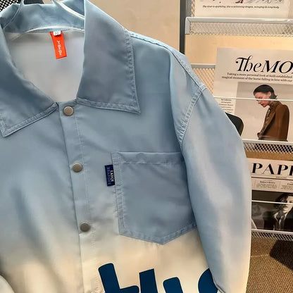 Herrenhemd Blau Farbverlauf Plissiert Langarmhemden Locker Koreanisches Hemd Mode Freizeit Oberteil Damenhemd Hochwertige Kleidung