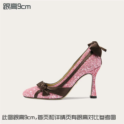 Sequin Ribbon Bow Square Toe High Heels