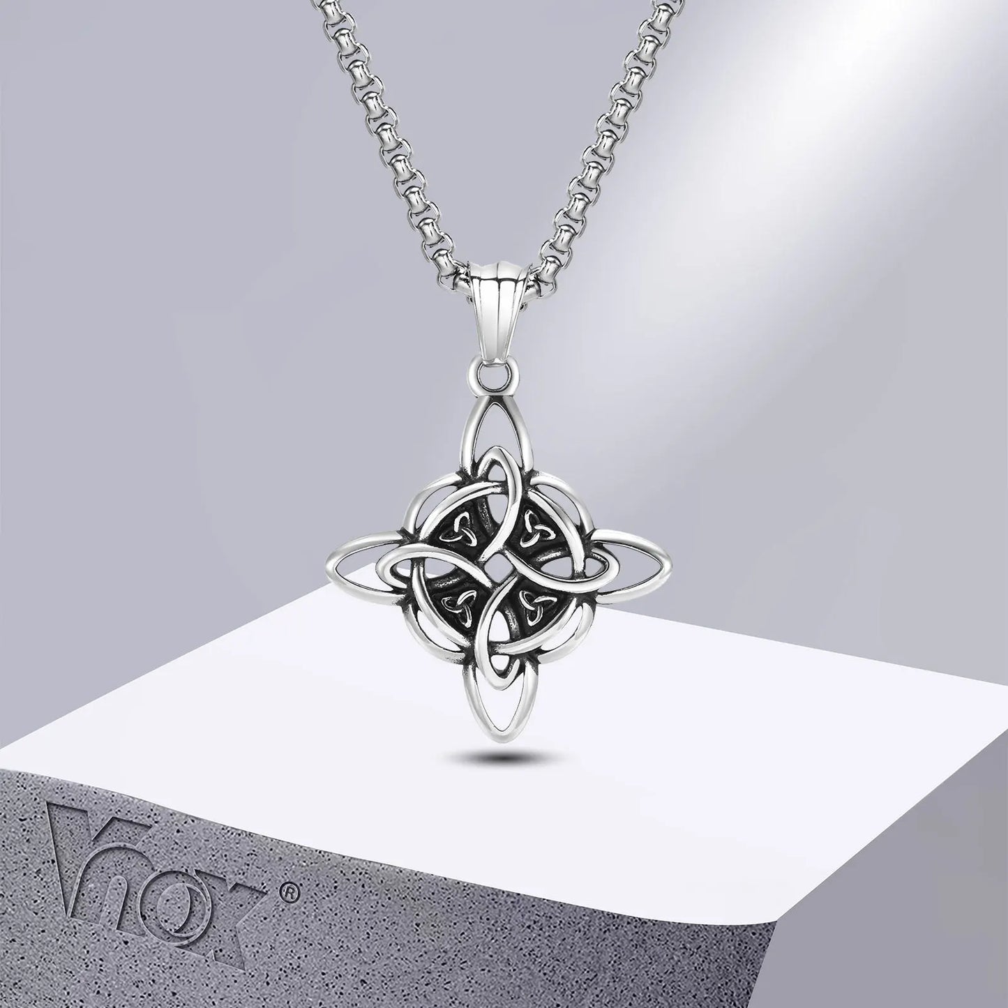 Vnox stainless steel Nordic Celtic knot amulet pendant necklace with a vintage silver finish on a box chain.