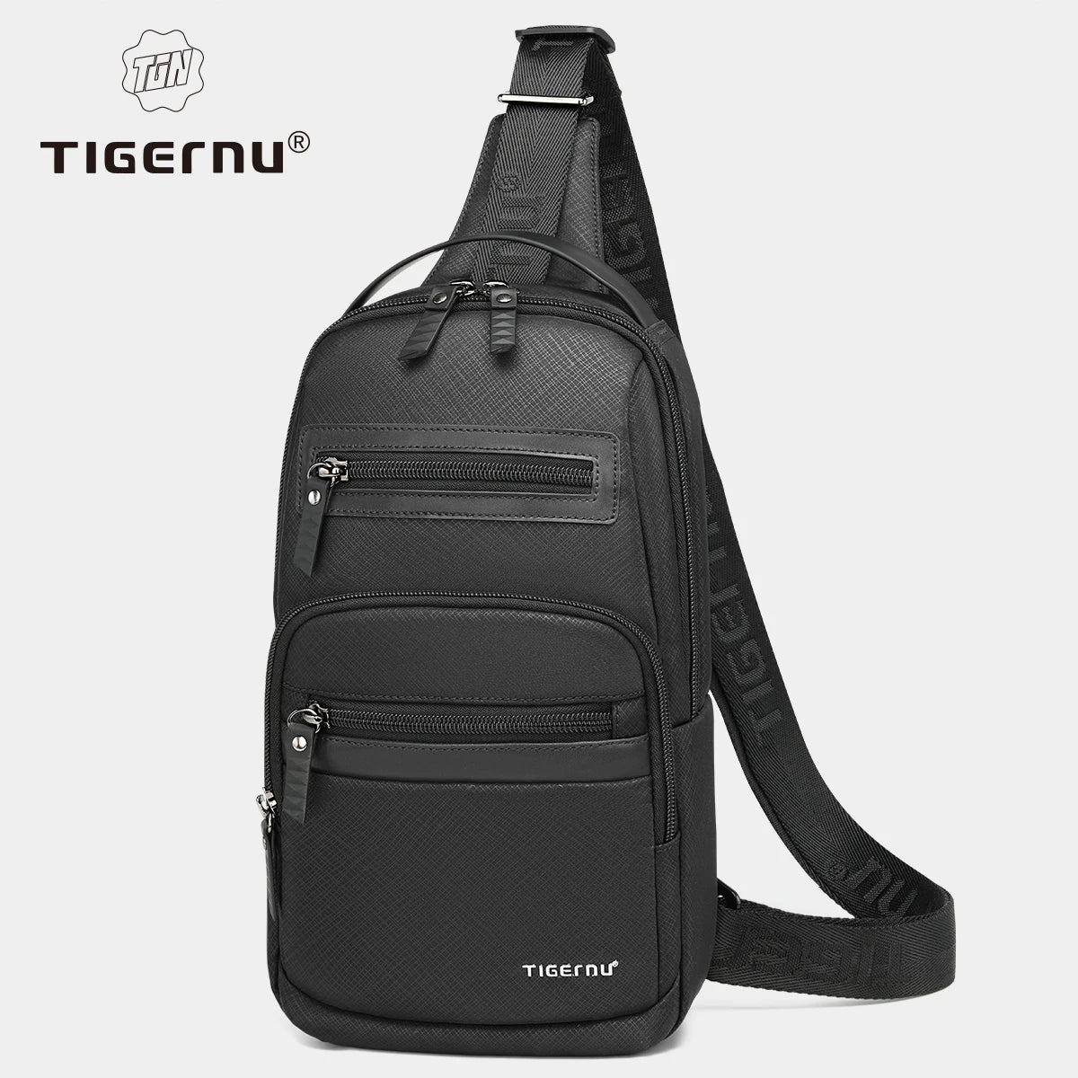 Black sling bag with Tigernu branding on a white background