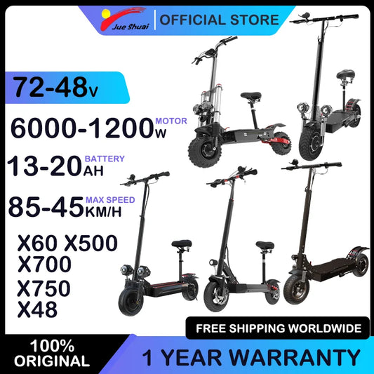 Electric scooters with specifications and promotional text on a white background