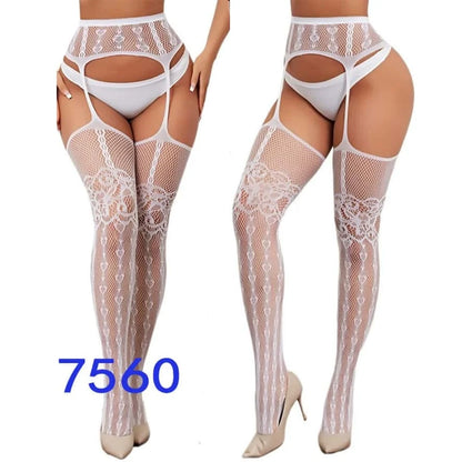 Women Fishnet Open Crotch Suspender Tights XXXL