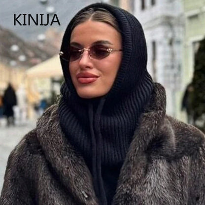Women Knitted Balaclava Fashion Fake Collar Shawl Hooded Hat Thick Warm Beanines Winter Hat official website tool undefine