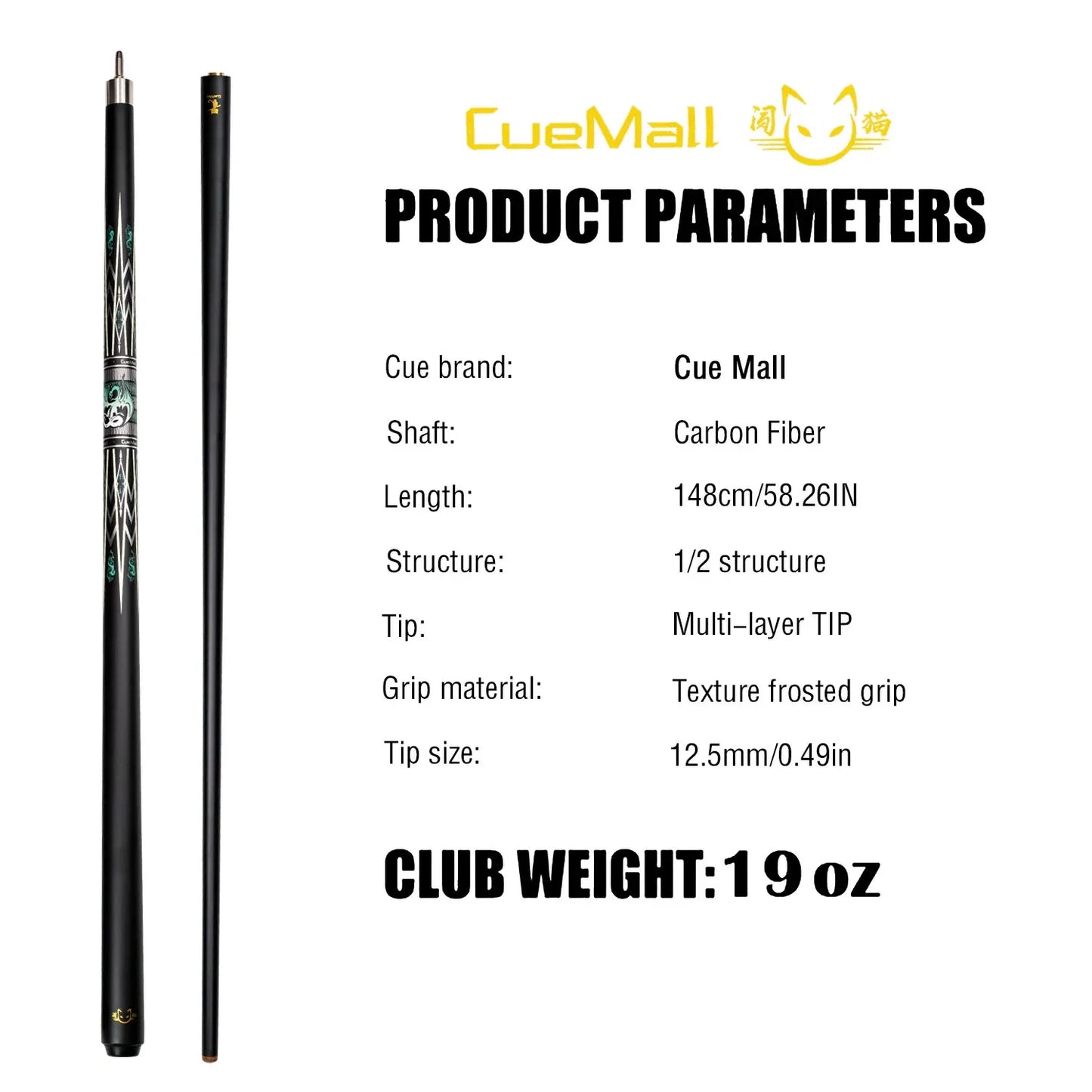 12.75mm Low Deflection Glass Fiber Shaft Pool Cue Maple Butt with Stainless Steel Quick Release Joint and Multi-Layer Tip