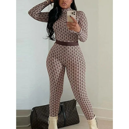 Krisnanas Argyle Skinny Jumpsuits for Woman 2025 Stand Neck Long Sleeve Zipper One Piece Bodysuit Fitness Sportwear 154004