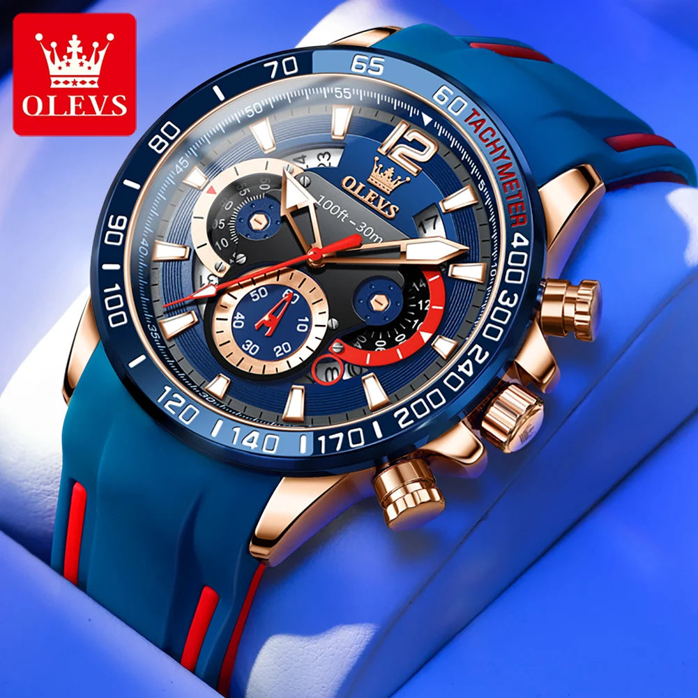 Blue and gold watch with red accents on a blue background, featuring the OLEVS brand.