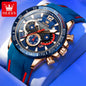 Blue and gold watch with red accents on a blue background, featuring the OLEVS brand.