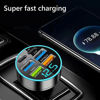 USB-C 6-Port Car Charger — Super Fast Charging with Voltage Detection Display