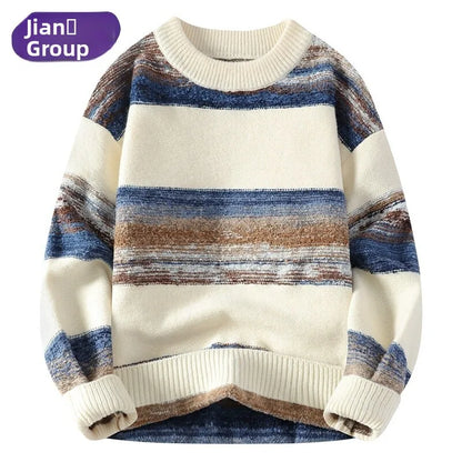 Laid-ba Sle Men's Knitted Sweater round Ne adient Color Stripes Base Layer Winter Faion Casual Youthful Ci Life