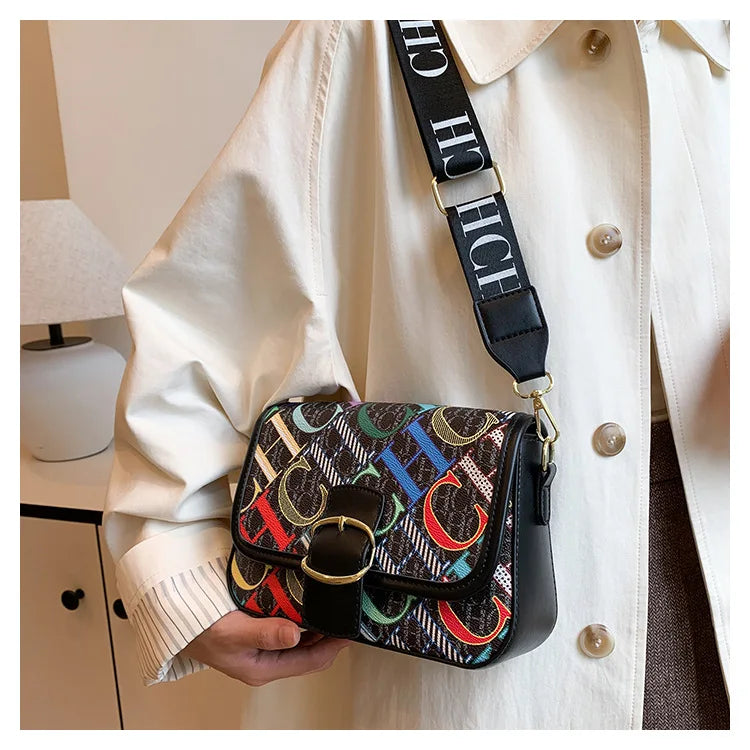 Winter Hot Sale Contrasting Color Letter Inkjet  Square Bag Luxury Trendy Single Shoulder Width Webbing Crossbody Women's Bag