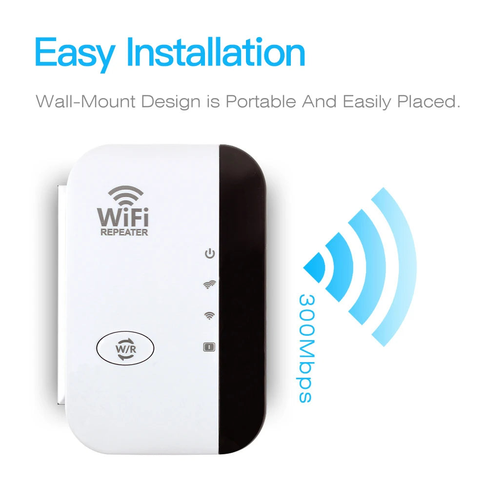 White WiFi repeater with black accent on a white background, featuring 'Easy Installation' text.