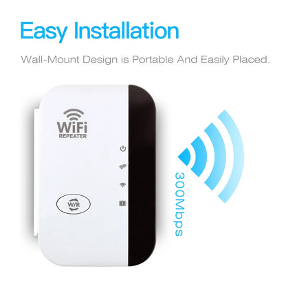 White WiFi repeater with black accent on a white background, featuring 'Easy Installation' text.