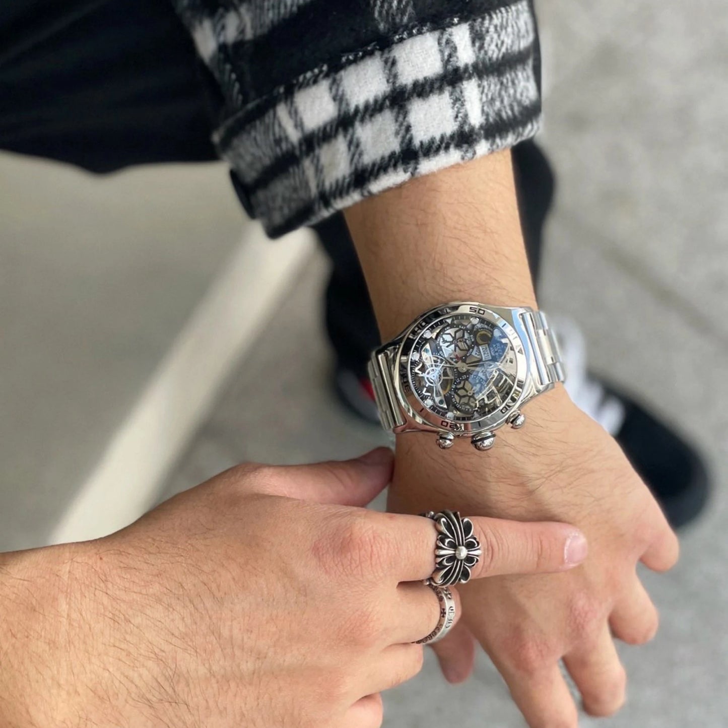 Reef Tiger/RT Sportuhr für Herren Skelett Automatikuhr Leuchtend Jahr Monat Datum Tag Stahlarmband Uhren RGA703