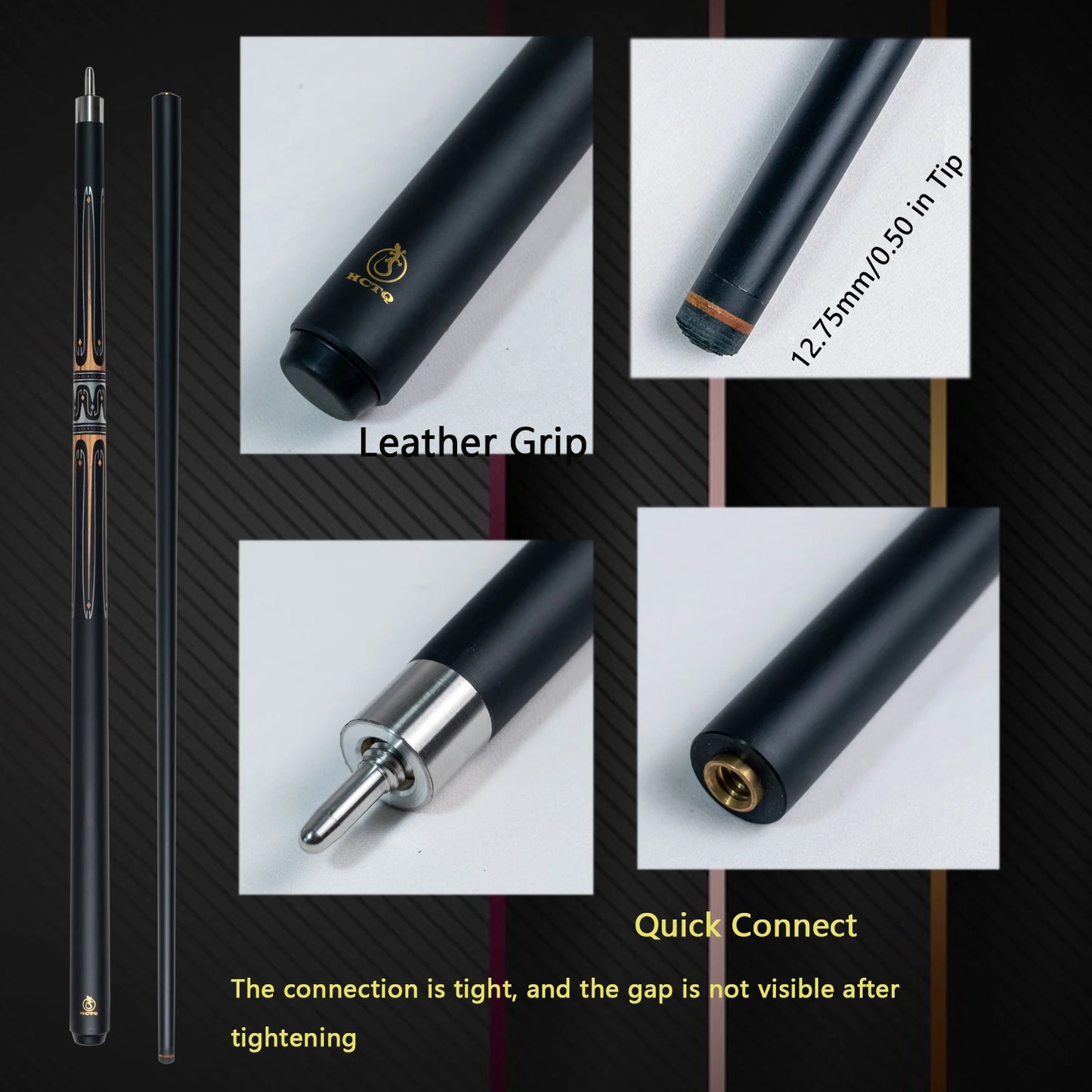 12.75mm High-Quality Multi-Layer Tip Black Tech Composite Carbon Fiber Glass Cue Stick with Dazzling Metal Patterns, Stainless S