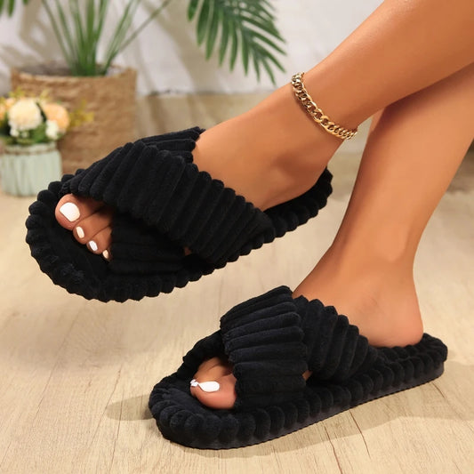 Corduroy Cross Strap Plush Slippers Indoor Sandals