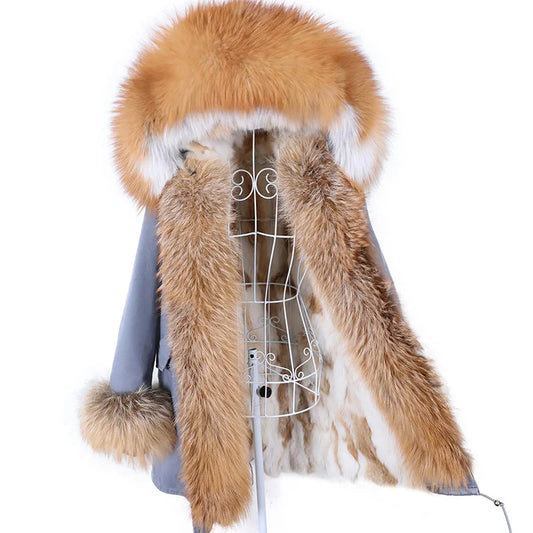 MAOMAOKONG 2023 Abnehmbarer Echtfuchs Pelzkragen Mäntel Damen Winterjacke Kapuze Kaninchenfellfutter Lange Parkas Damenbekleidung