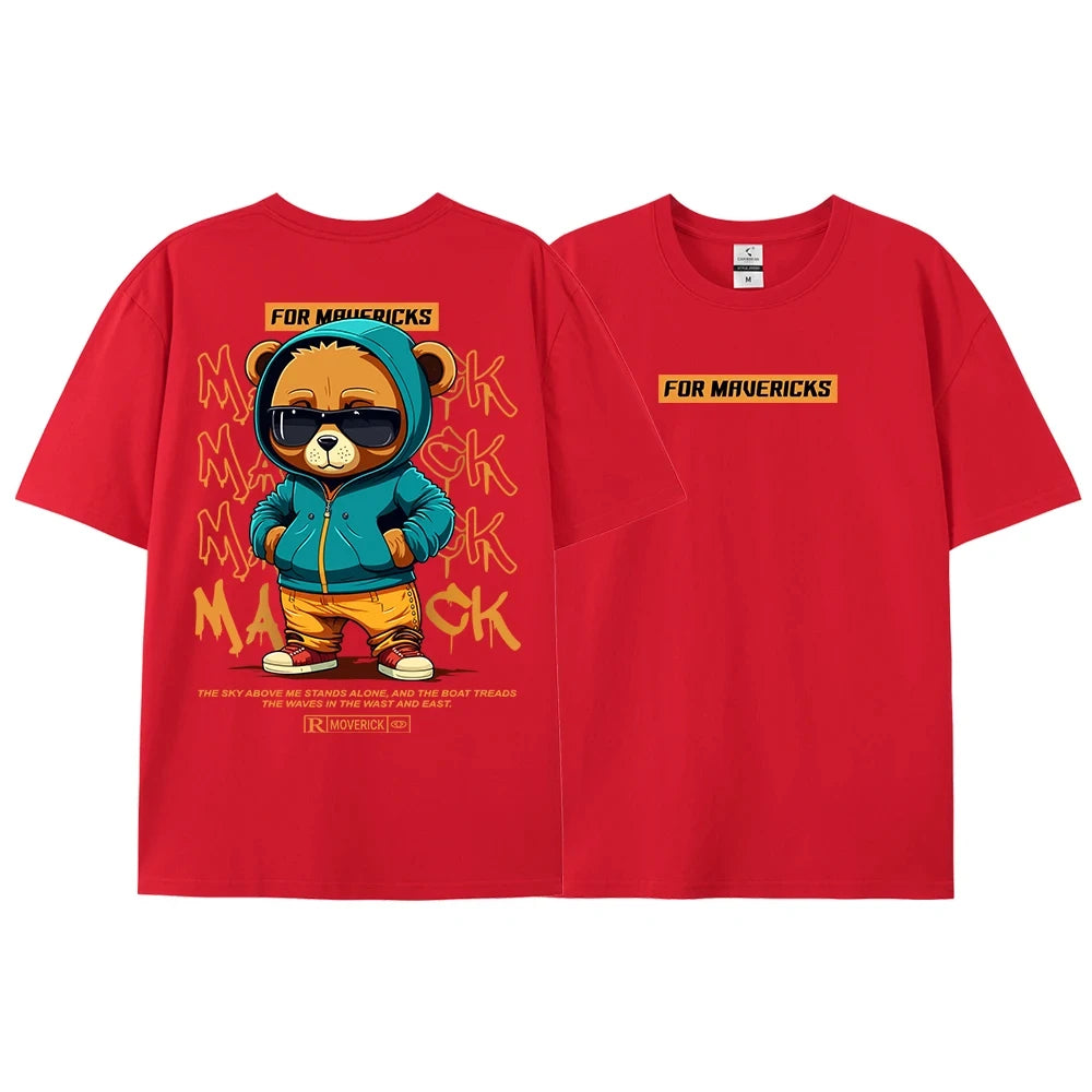 Cotton Fashion Bear Pattern Printed Men Women T Shirt Hip Hop Loose Tops Breathable Comfortable Casual Oversized Couple Clothing