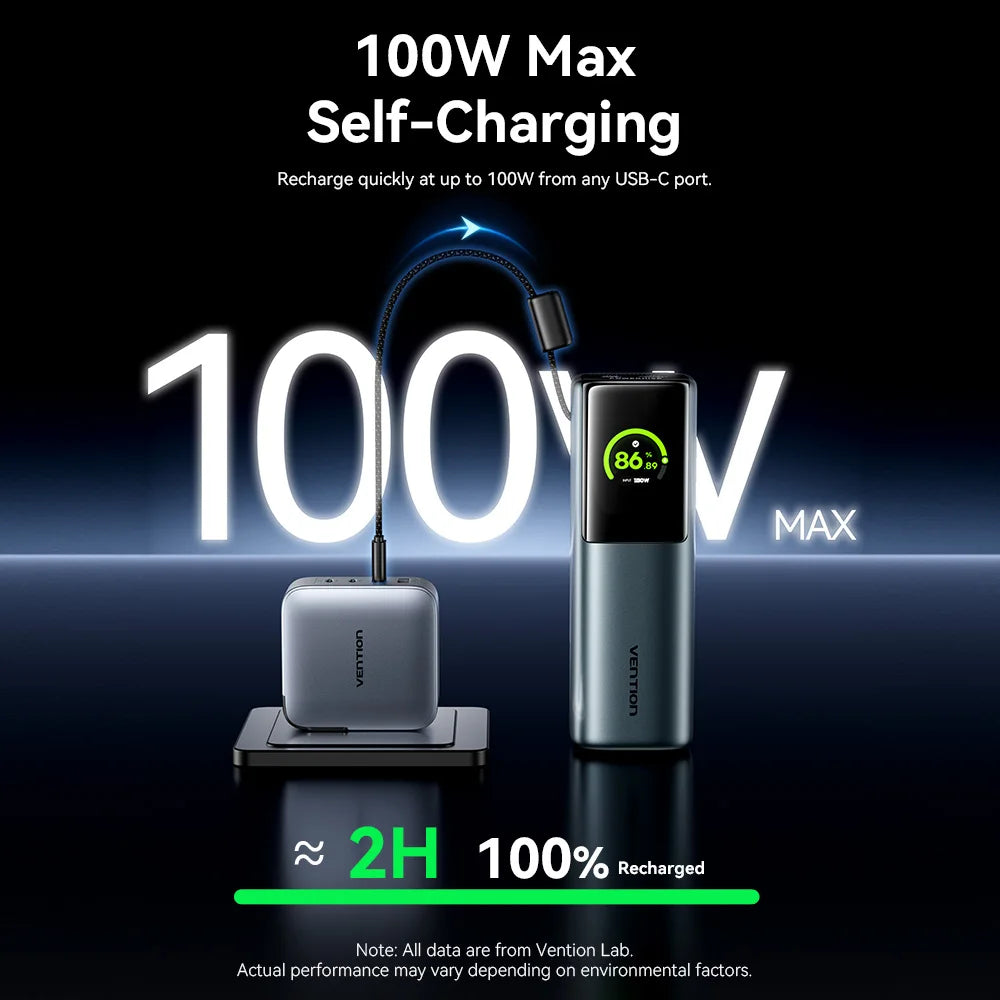 Vention Power Bank 27000mAh 200W PD Fast Charger with Built-in USB-C Cable External Spare Battery Portable Power Bank for Laptop