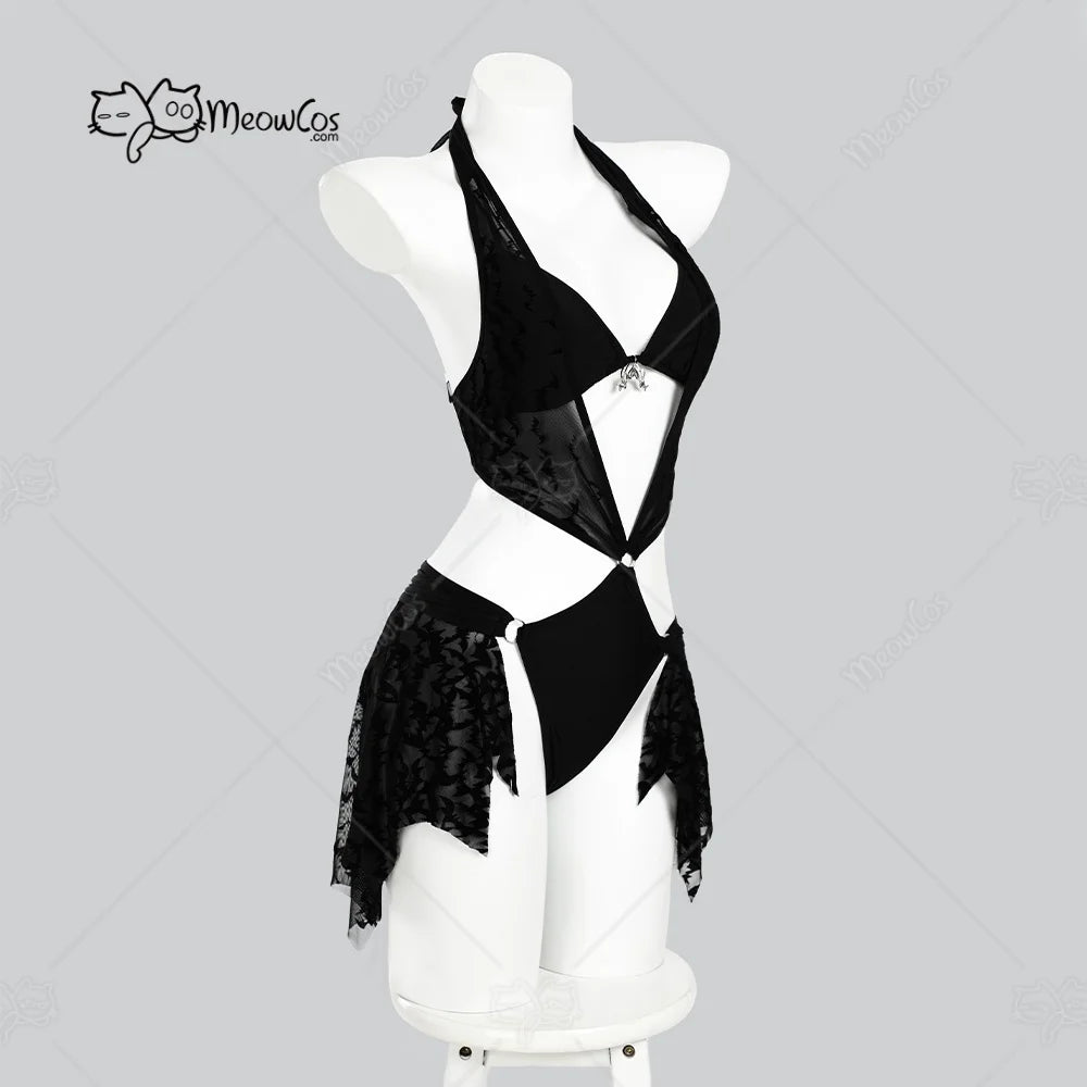 Gothic Black Bat One Piece Swimsuit – Sheer Bodysuit with Bikini Top