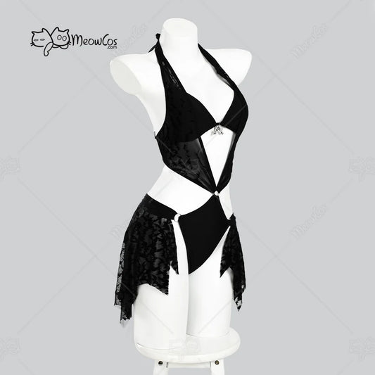 Gothic Black Bat One Piece Swimsuit – Sheer Bodysuit with Bikini Top