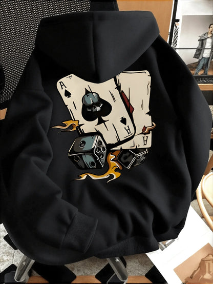 Black hoodie with a unique design on the back, featuring playing cards and dice.