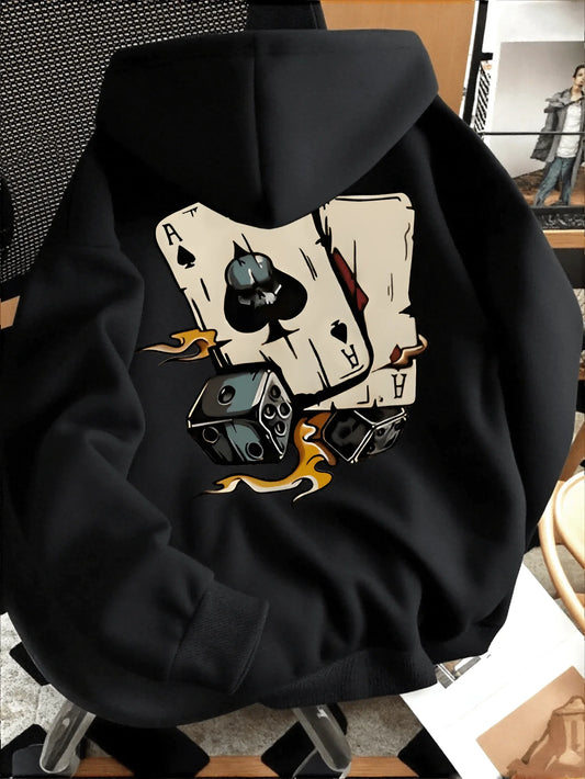 Black hoodie with a unique design on the back, featuring playing cards and dice.