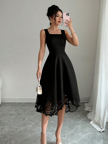 Women's Sleeveless Laser Cut Lace Hem Casual Dress