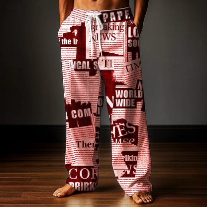 Herren Hose 2025 mit Zeitungsbuchstaben-Print, Baggy Fit, Freizeithose, Mid Waist, elastischer Kordelzug, Streetwear, Herbst