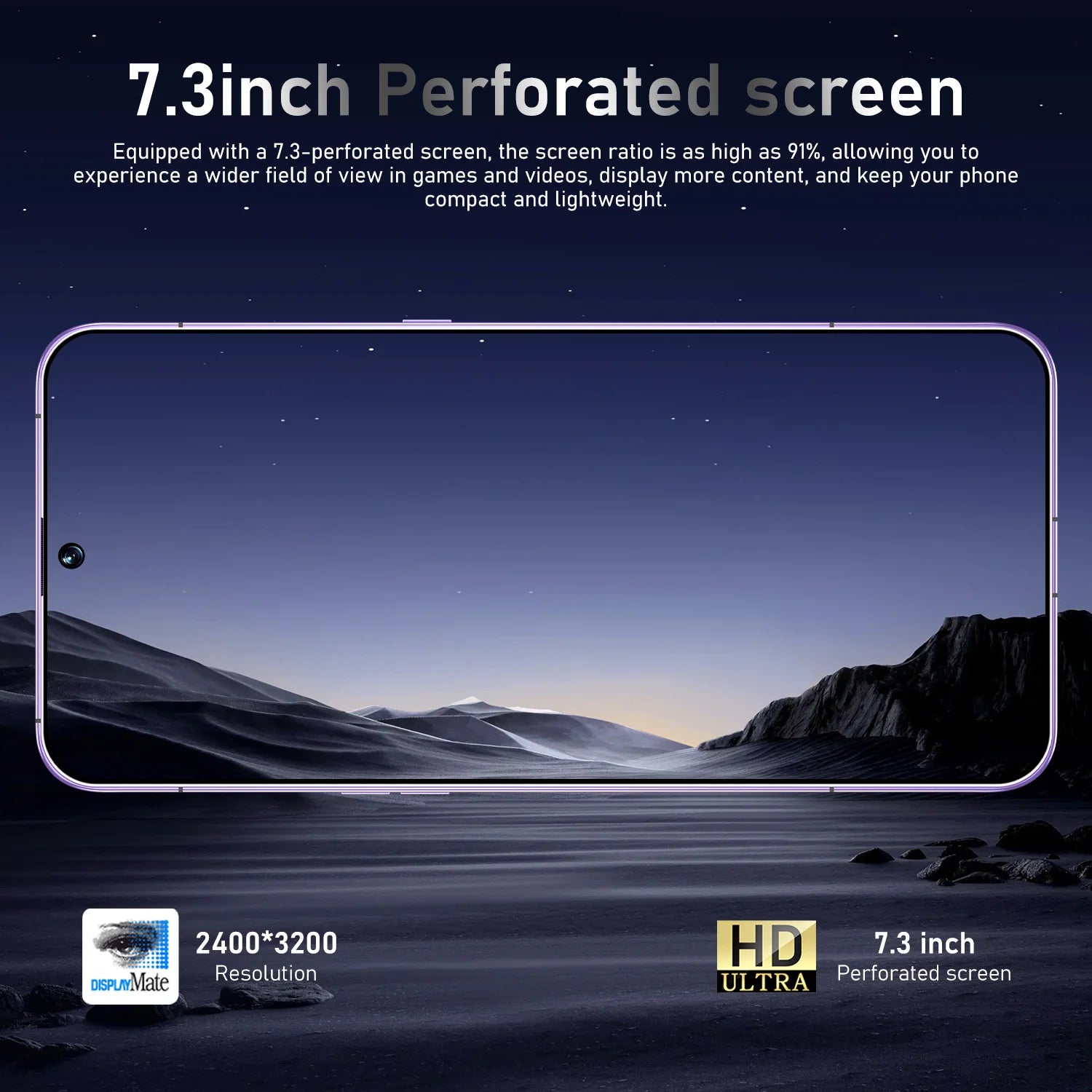 7.3 inch perforated screen with scenic display on a dark background