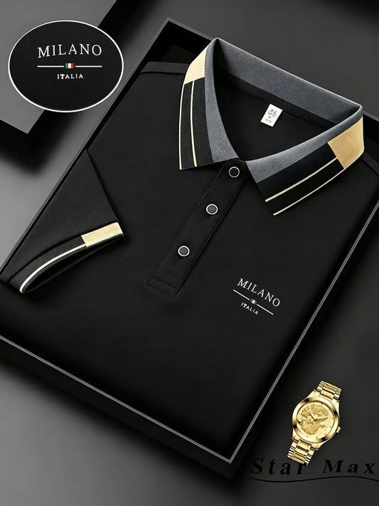 Black polo shirt with gold accents and 'Milano Italia' branding, displayed with a gold watch on a dark background.
