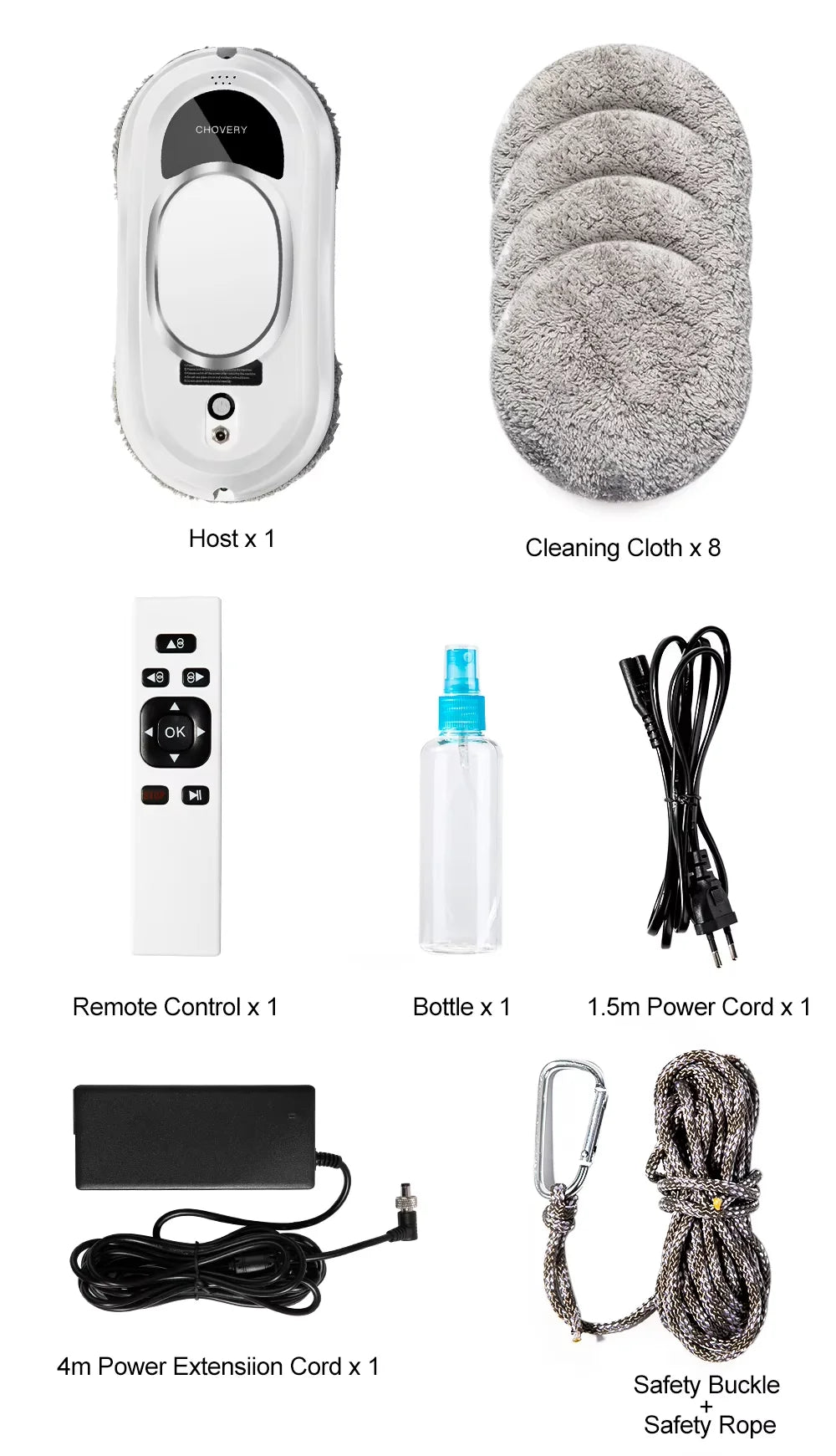 Set of cleaning tools including a host, remote control, cleaning cloths, bottle, power cords, and safety rope on a white background.