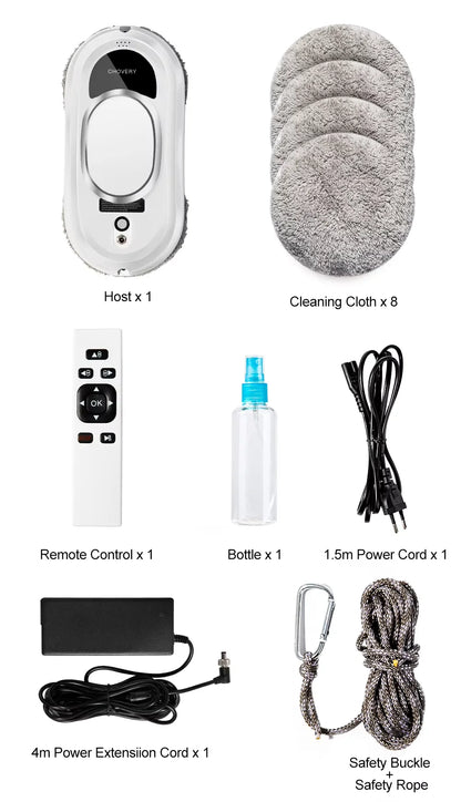 Set of cleaning tools including a host, remote control, cleaning cloths, bottle, power cords, and safety rope on a white background.