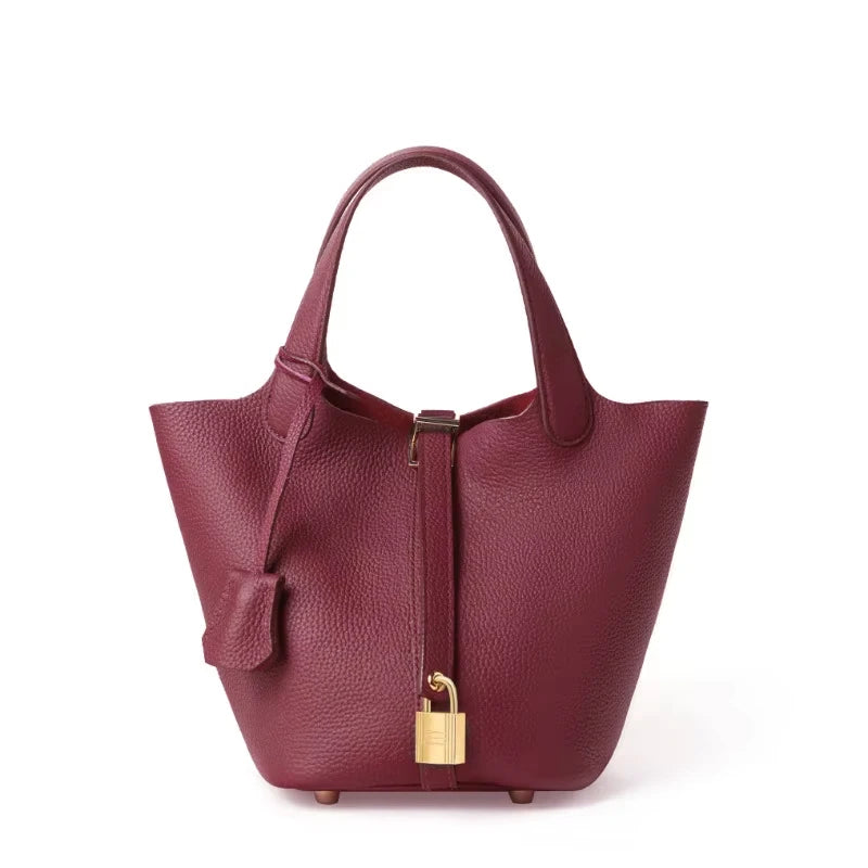 Genuine Leather Shoulder Bucket Bag Women Litchi Pattern Mini Basket Tote Soft Handbag Mommy Bride Wedding Bags with Lock