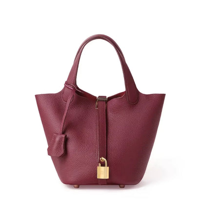 Genuine Leather Shoulder Bucket Bag Women Litchi Pattern Mini Basket Tote Soft Handbag Mommy Bride Wedding Bags with Lock
