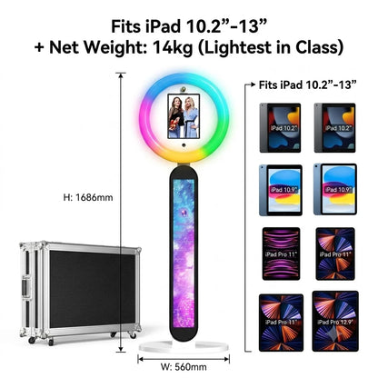 Portable iPad Photo Booth Stand with RGB Fill Light for Wedding Birthday Party Events Selfie Booth Kit for Tablet Flight Case