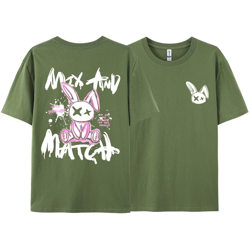 Pink Ragdoll Rabbit Harajuku Print T-Shirt Men Loose Oversize  Clothing Hip Hop Casual Short Sleeve S-XXXL Cotton T-Shirt Couple