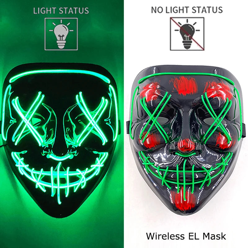 Drahtlose Neon-LED-Reinigungsmaske, im Dunkeln leuchtende Cosplay-Horrormaske, Halloween-Maskerade-Partymasken, leuchtende, lustige Verkleidung