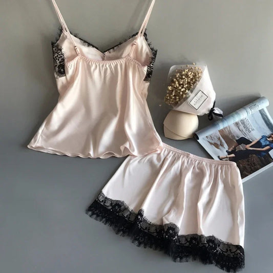 1 Set Women's Pajamas Set, Fashionable V-neck Lace Sexy Pajamas, Pajama Shorts Set, Ice Silk Camisole Top Pajama Pants
