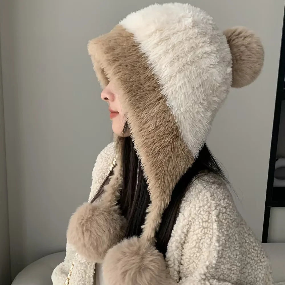 Niedliche Strickmütze mit Bommeln für Damen - Winter Warme Farbblockmütze für großen Kopfumfang Verdicktes Fleece Gefüttert Kälteschutz H