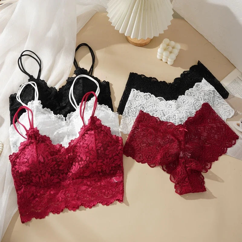 Damen Sexy Dessous-Set aus Spitze, einfarbig, wunderschöner Rücken, hohl, ohne Stahlring, Unterwäsche mit Spitzenblumen, atmungsaktives Höschen