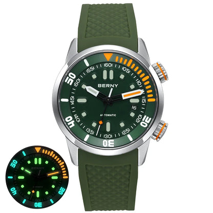 Green watch with detailed face and green strap on a white background