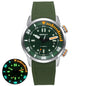 Green watch with detailed face and green strap on a white background
