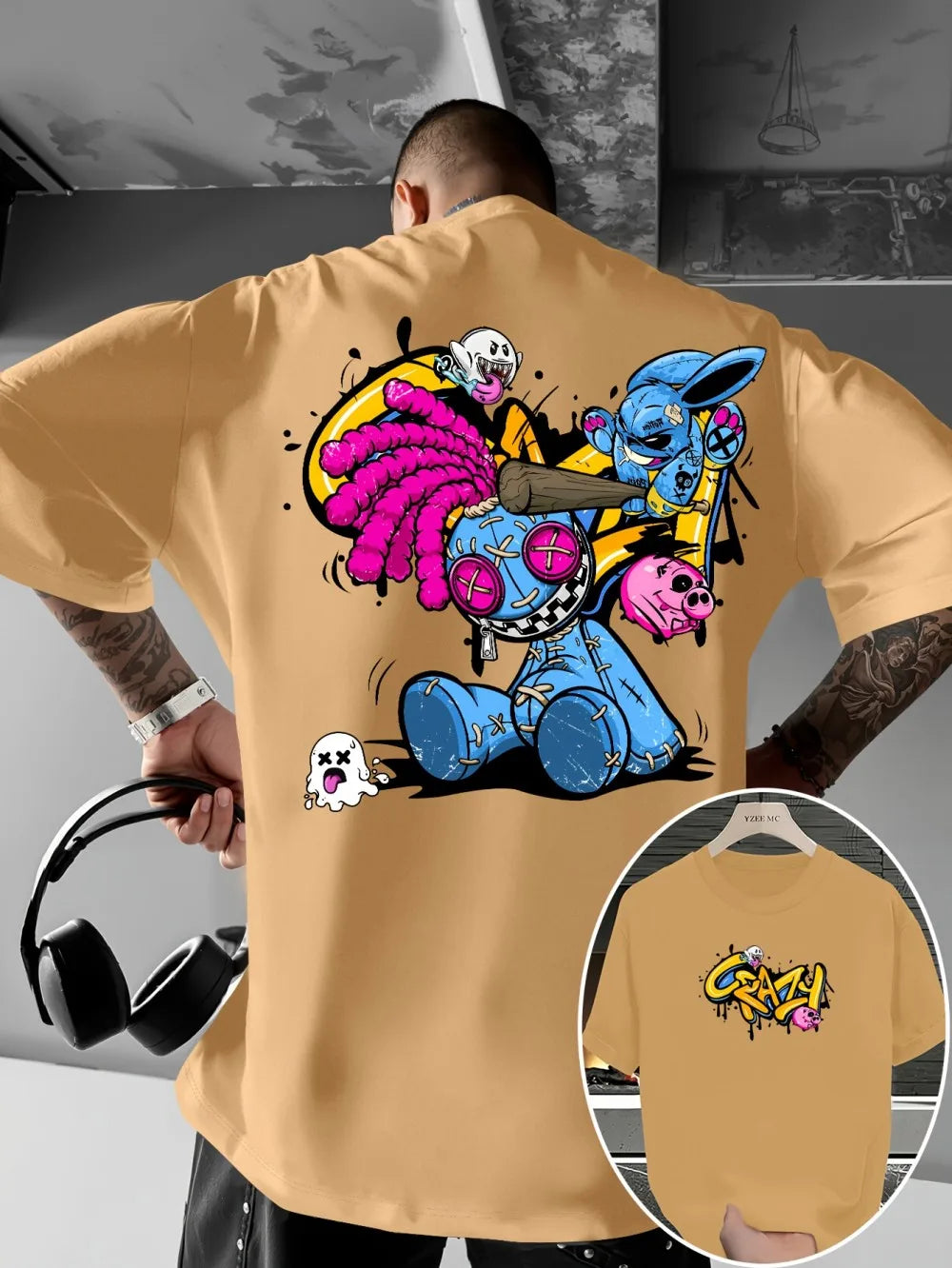 Europäisches und amerikanisches neues Herren-T-Shirt mit Cartoon-Graffiti-Print, bequem, weich, atmungsaktiv, Rundhalsausschnitt, Outdoor-Streetstyle-Oberteil