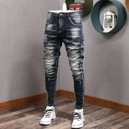 Fashion Streetwear Herren Jeans Retro Schwarz Blau Elastisch Slim Fit Ripped Jeans Herren Spleiß Designer Stickerei Hip Hop Denim Hose