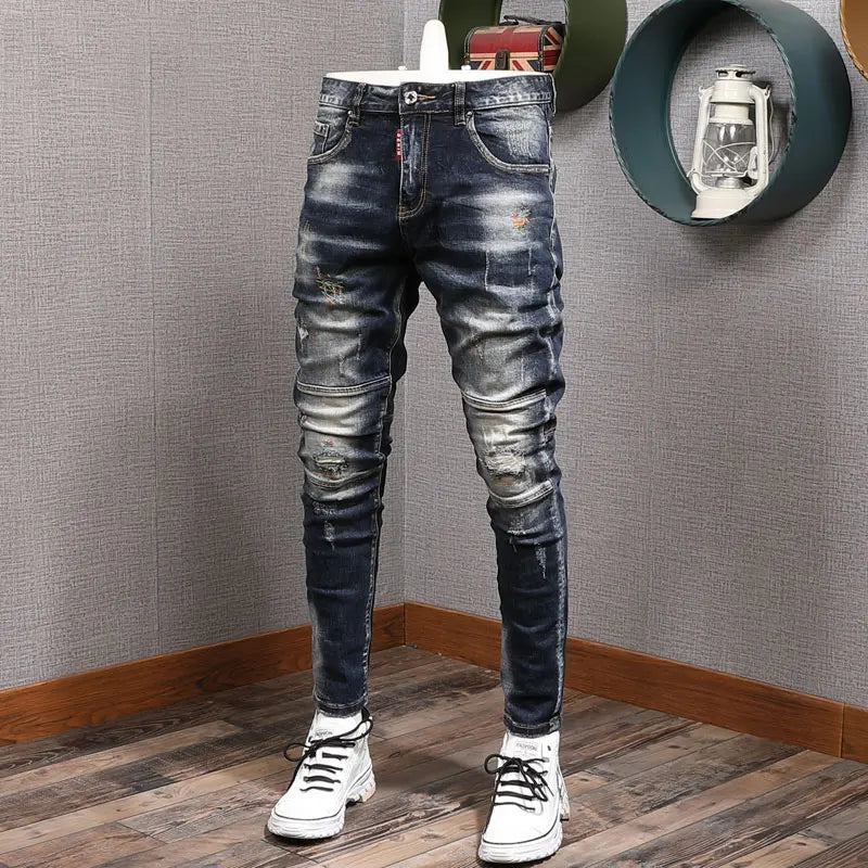 Fashion Streetwear Herren Jeans Retro Schwarz Blau Elastisch Slim Fit Ripped Jeans Herren Spleiß Designer Stickerei Hip Hop Denim Hose