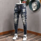 Fashion Streetwear Herren Jeans Retro Schwarz Blau Elastisch Slim Fit Ripped Jeans Herren Spleiß Designer Stickerei Hip Hop Denim Hose